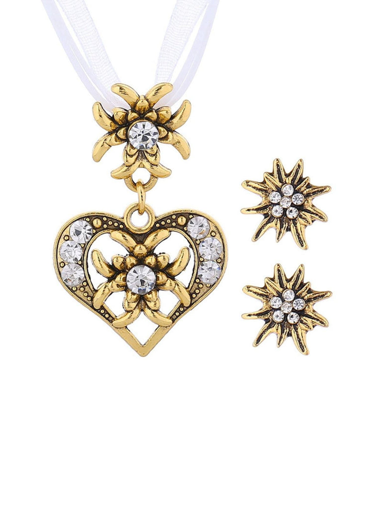 Oktoberfest Strassstein Edelweiß Herz Schleife Halskette & Ohrring Set