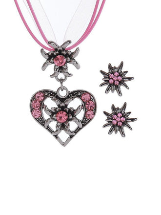Rosa Oktoberfest Strassstein Edelweiß Herz Schleife Halskette & Ohrring Set