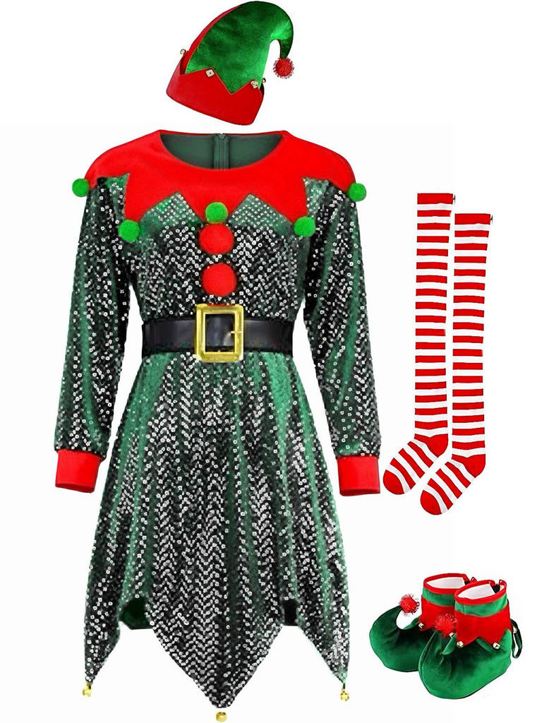 Grün 1950er Pailletten Weihnachten Elf Kostüm Set