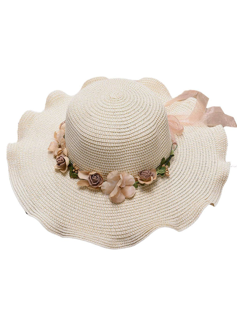 Vintage 3D Blumen Raffia Fransen Krempe Sonnenhut