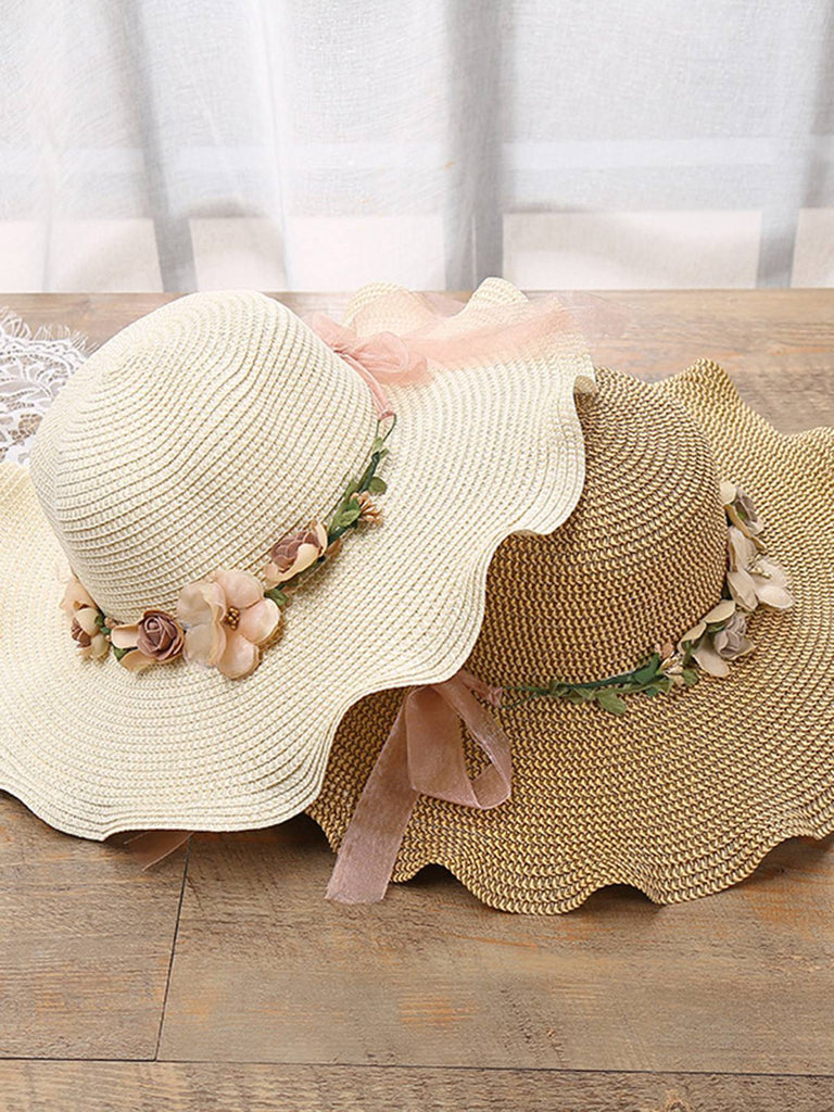 Vintage 3D Blumen Raffia Fransen Krempe Sonnenhut
