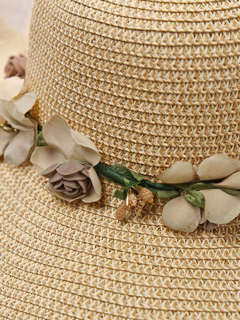 Vintage 3D Blumen Raffia Fransen Krempe Sonnenhut