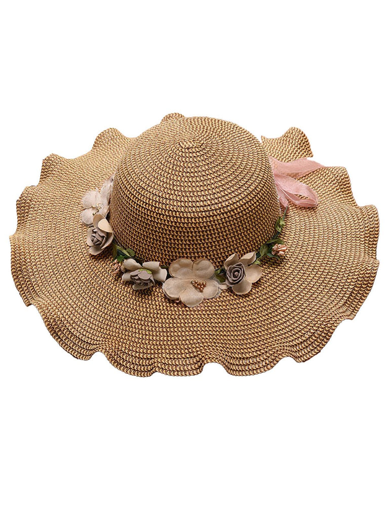 Vintage 3D Blumen Raffia Fransen Krempe Sonnenhut