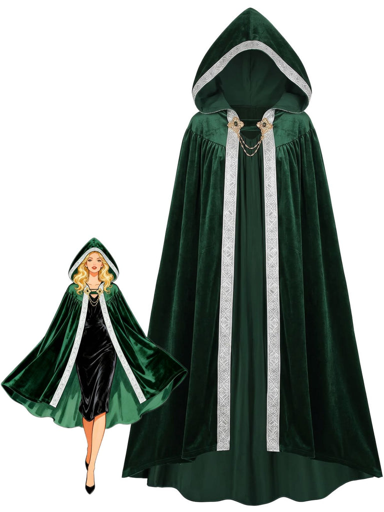Grünes 50er Mittelalter-Halloween-Cape mit Kapuze und Kettenverschluss
