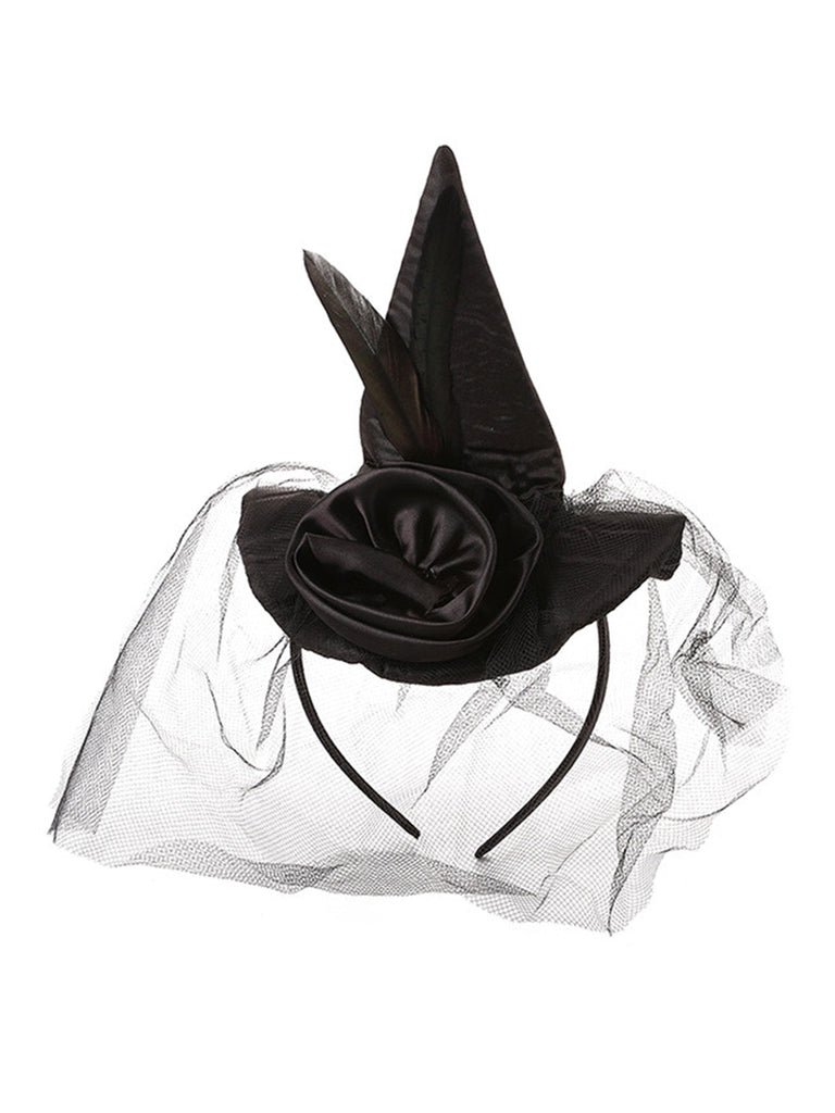 Rosa Hexenhut-Haarreif mit Netz und Federn