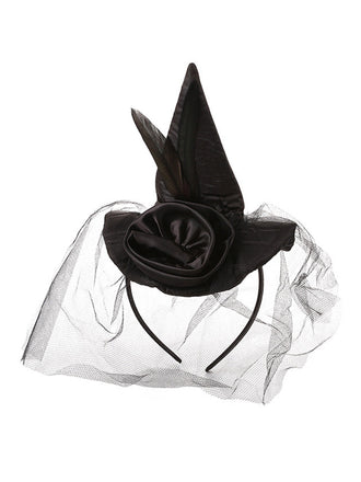 Rosa Hexenhut-Haarreif mit Netz und Federn