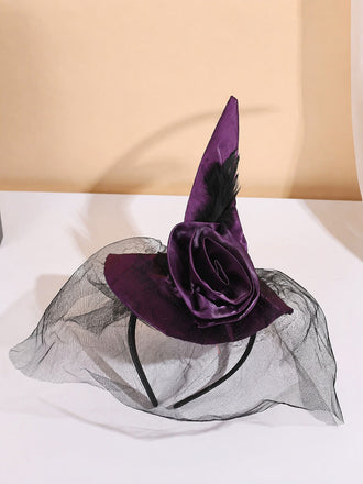 Rosa Hexenhut-Haarreif mit Netz und Federn