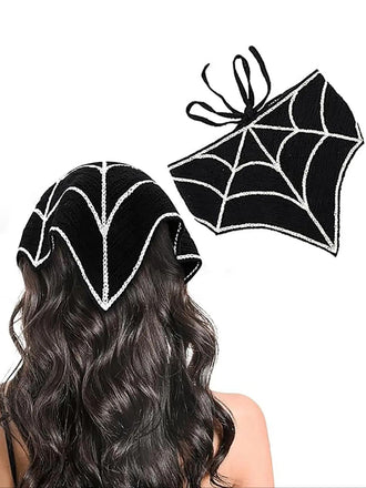 Schwarzes Halloween-Kopftuch mit Spinnennetz-Print und Bindeband