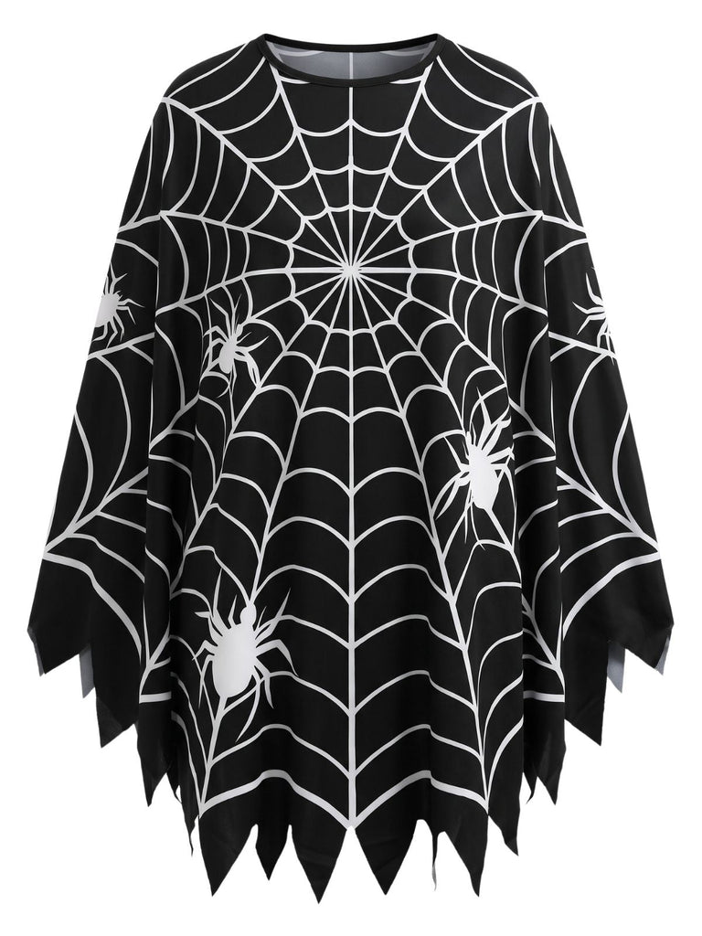 Schwarzes 60er Halloween Cape mit Spinnennetz-Print