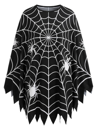 Schwarzes 60er Halloween Cape mit Spinnennetz-Print