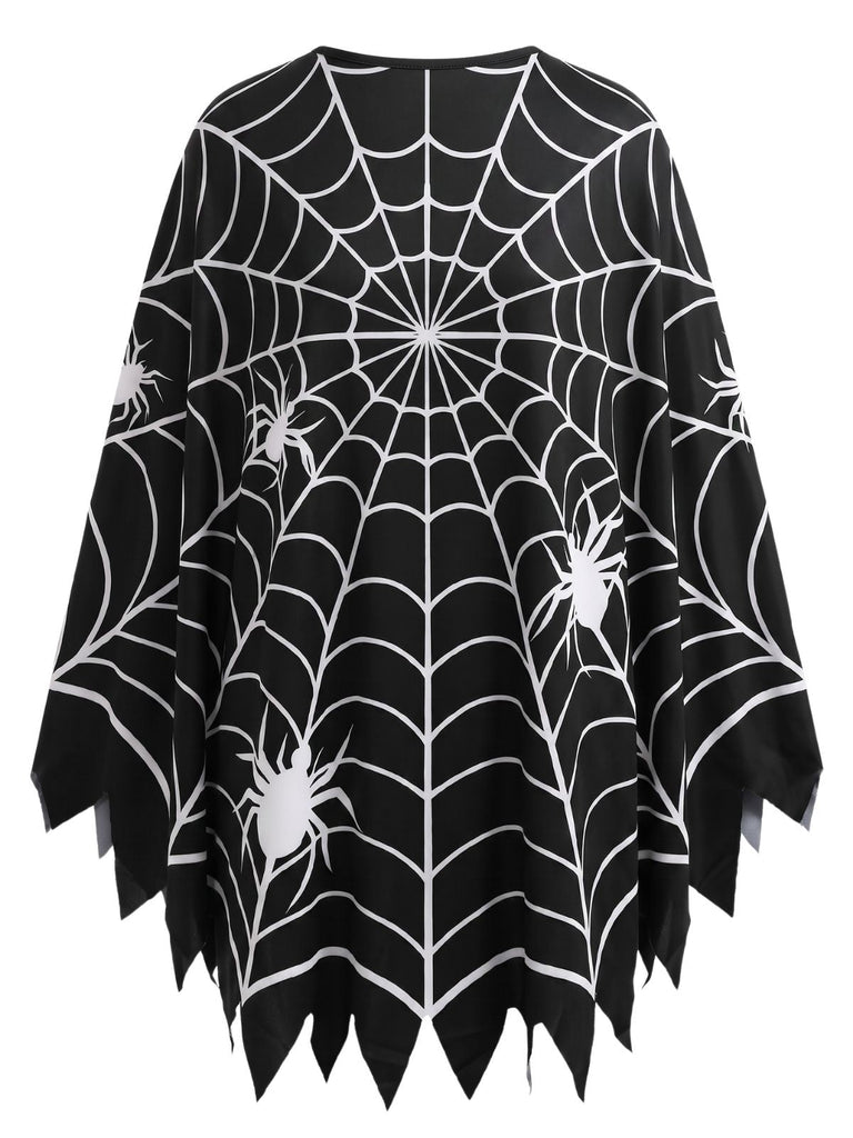 Schwarzes 60er Halloween Cape mit Spinnennetz-Print