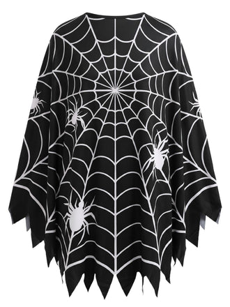 Schwarzes 60er Halloween Cape mit Spinnennetz-Print