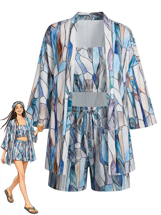 70er Geometrie-Set mit Cardigan, Crop-Top und Shorts