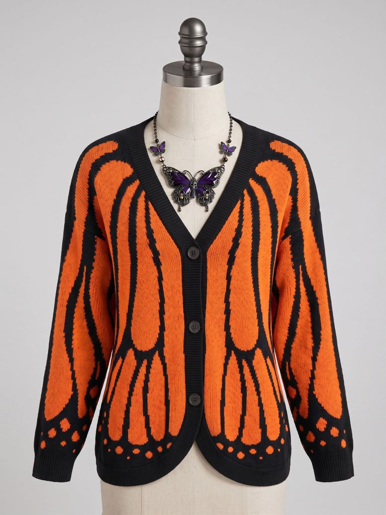 Orange 50er Strick-Cardigan mit Schmetterling