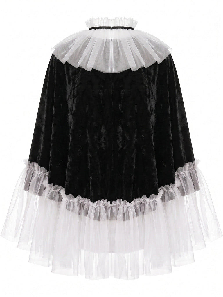 80er Gothic Set mit Samt-Cape, Tüll-Strumpfhose und Pompons