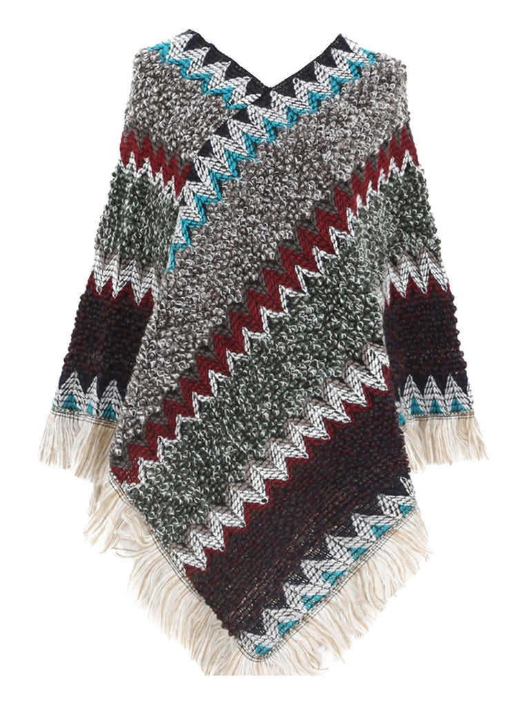 70er Boho Strick-Poncho mit Chevronmuster und Fransen
