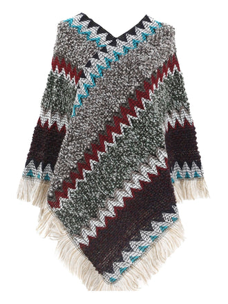 70er Boho Strick-Poncho mit Chevronmuster und Fransen