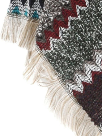 70er Boho Strick-Poncho mit Chevronmuster und Fransen