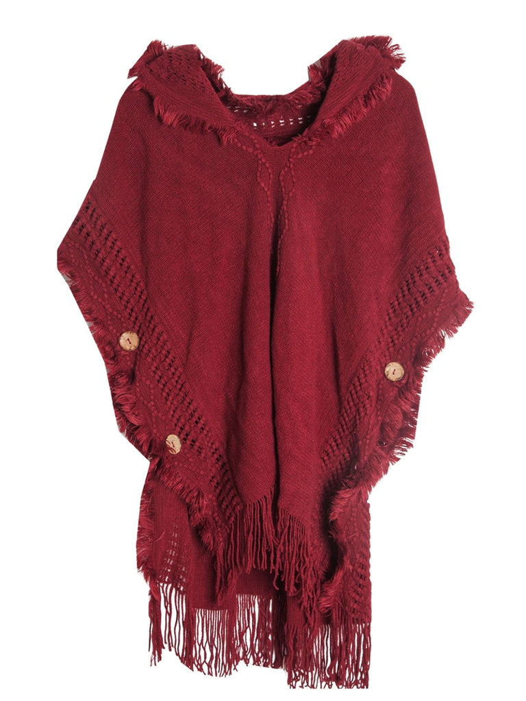 50er Boho-Strickponcho mit Kapuze, Knöpfen und Fransen