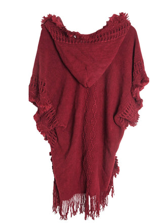 50er Boho-Strickponcho mit Kapuze, Knöpfen und Fransen