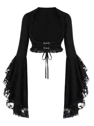 Schwarzes 70er Gothic Cape mit Spitze und Glockenärmeln