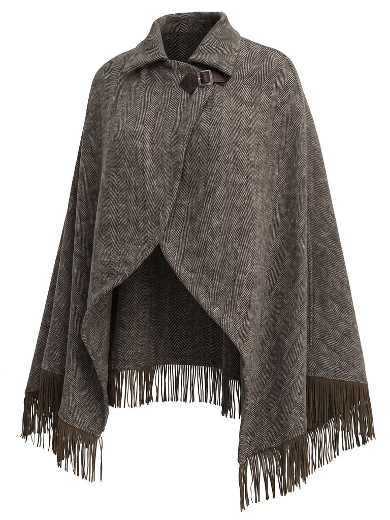 Braunes 70er Strickcape in Wolloptik mit Revers und Fransen
