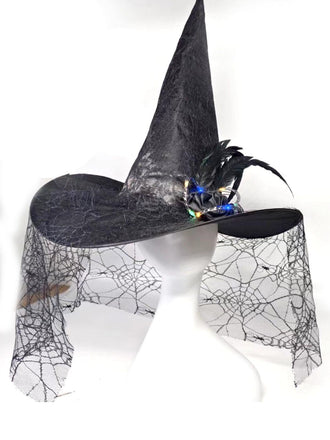 Halloween Hexenhut mit Spinnennetzspitze und Federn