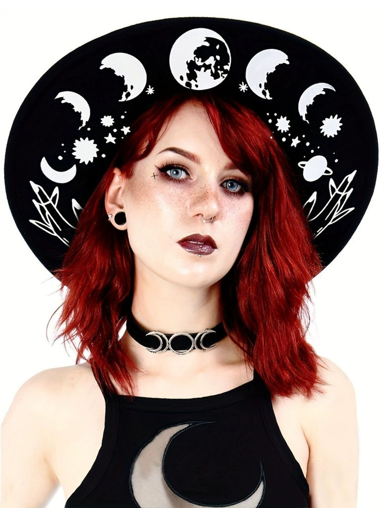 Schwarzer Halloween Gothic Hut mit Print