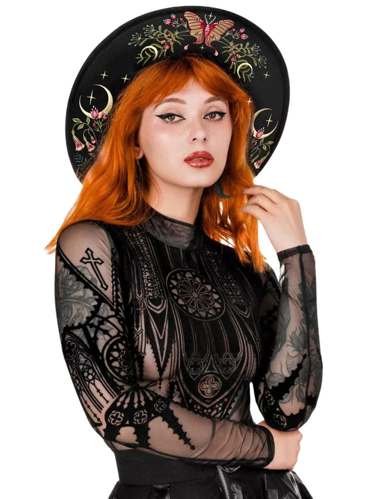 Schwarzer Halloween Gothic Hut mit Print