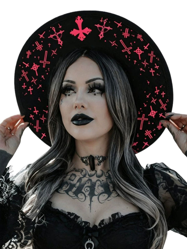 Schwarzer Halloween Gothic Hut mit Print