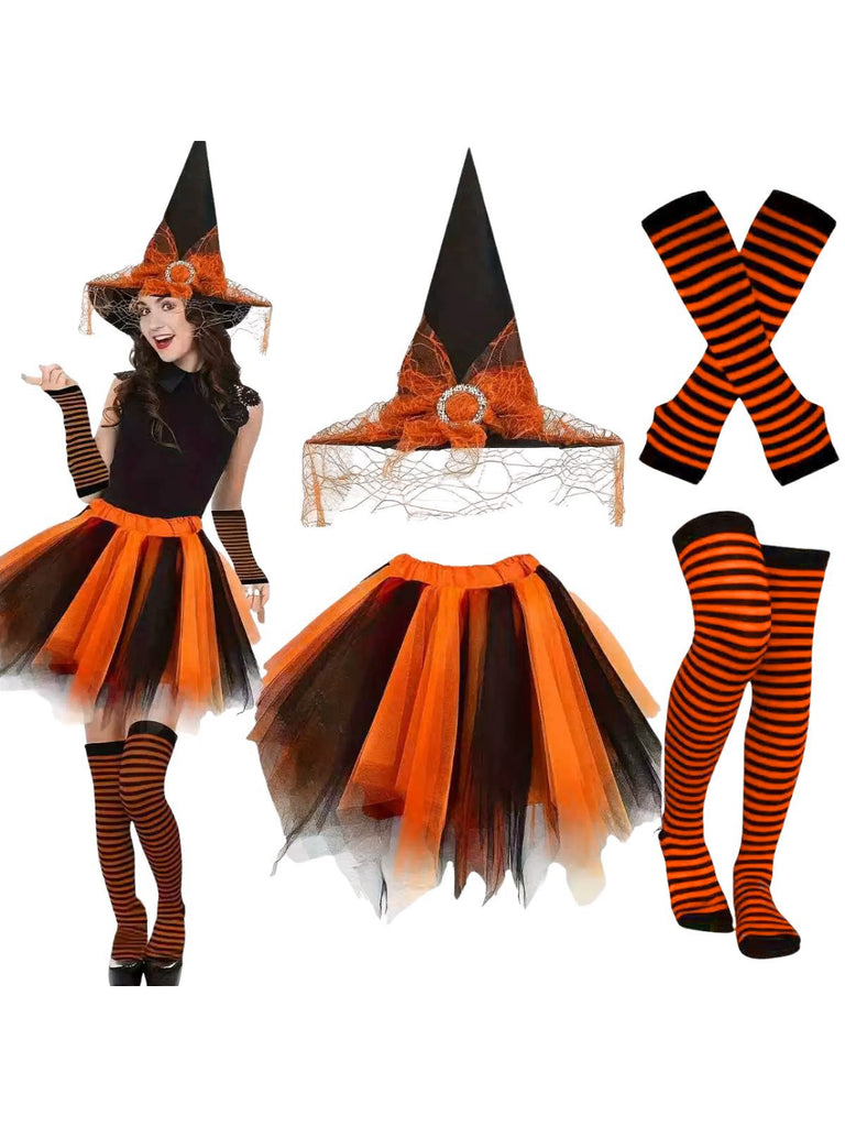 Halloween Accessoire-Set mit Hexenhut, Tutu und Streifenstrümpfen