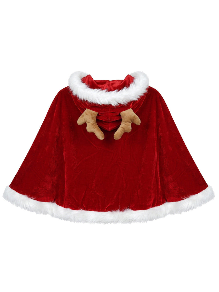 Rotes 50er Weihnachts-Cape mit Rentiergeweih und Kapuze