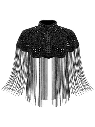 20er Gatsby-Capelet mit Stehkragen, Perlen und Fransen