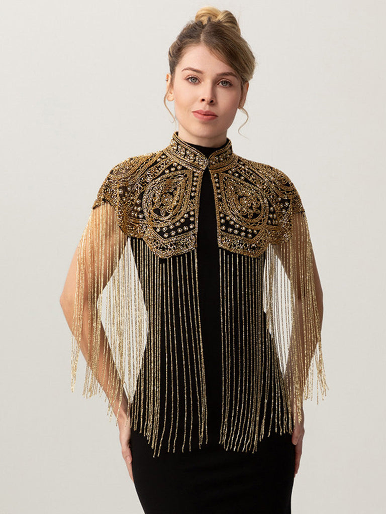 20er Gatsby-Capelet mit Stehkragen, Perlen und Fransen