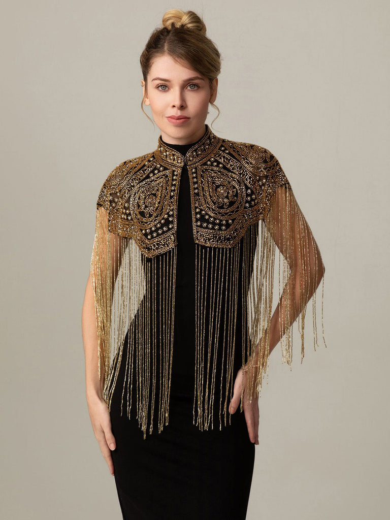 20er Gatsby-Capelet mit Stehkragen, Perlen und Fransen