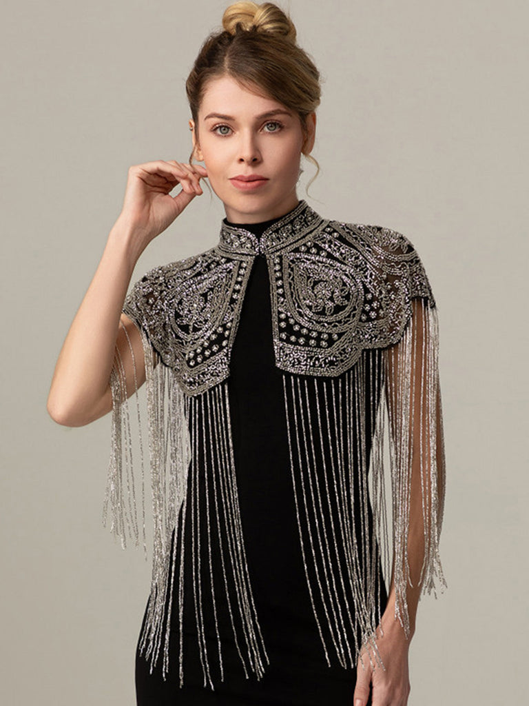 20er Gatsby-Capelet mit Stehkragen, Perlen und Fransen