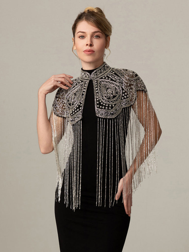 20er Gatsby-Capelet mit Stehkragen, Perlen und Fransen