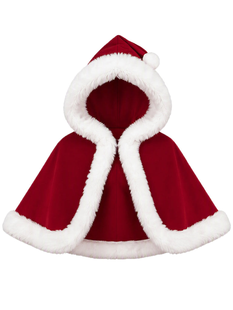 Rotes 50er Weihnachts-Kapuzencape mit Kunstfellbesatz