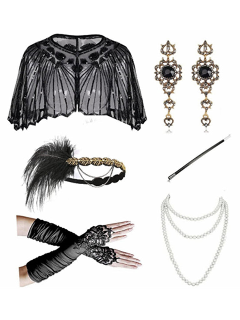 Schwarzes 20er Gatsby-Accessoire-Set mit Federn