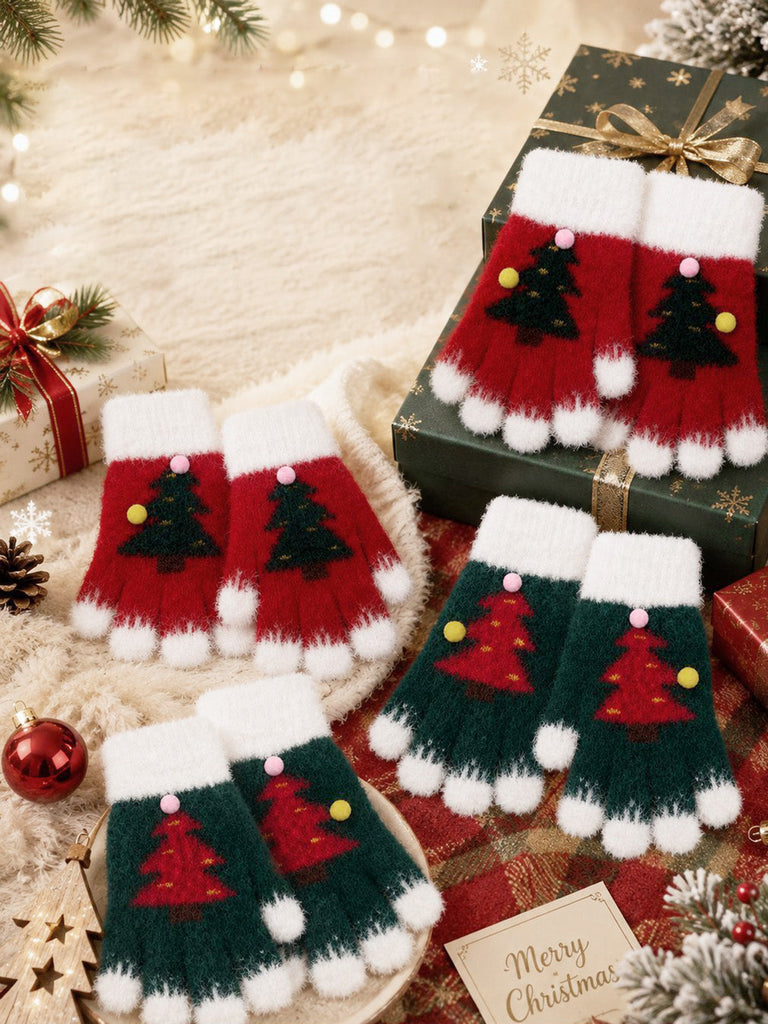 Fingerlose Weihnachts-Strickhandschuhe mit Tannenbäumen und Bommeln