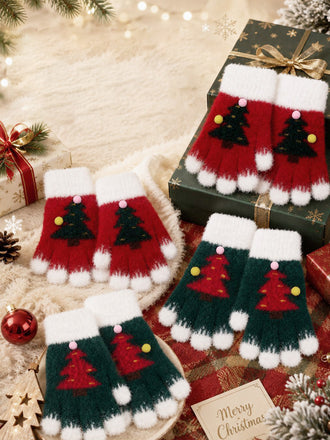 Fingerlose Weihnachts-Strickhandschuhe mit Tannenbäumen und Bommeln