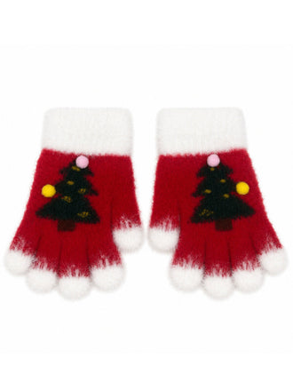 Fingerlose Weihnachts-Strickhandschuhe mit Tannenbäumen und Bommeln