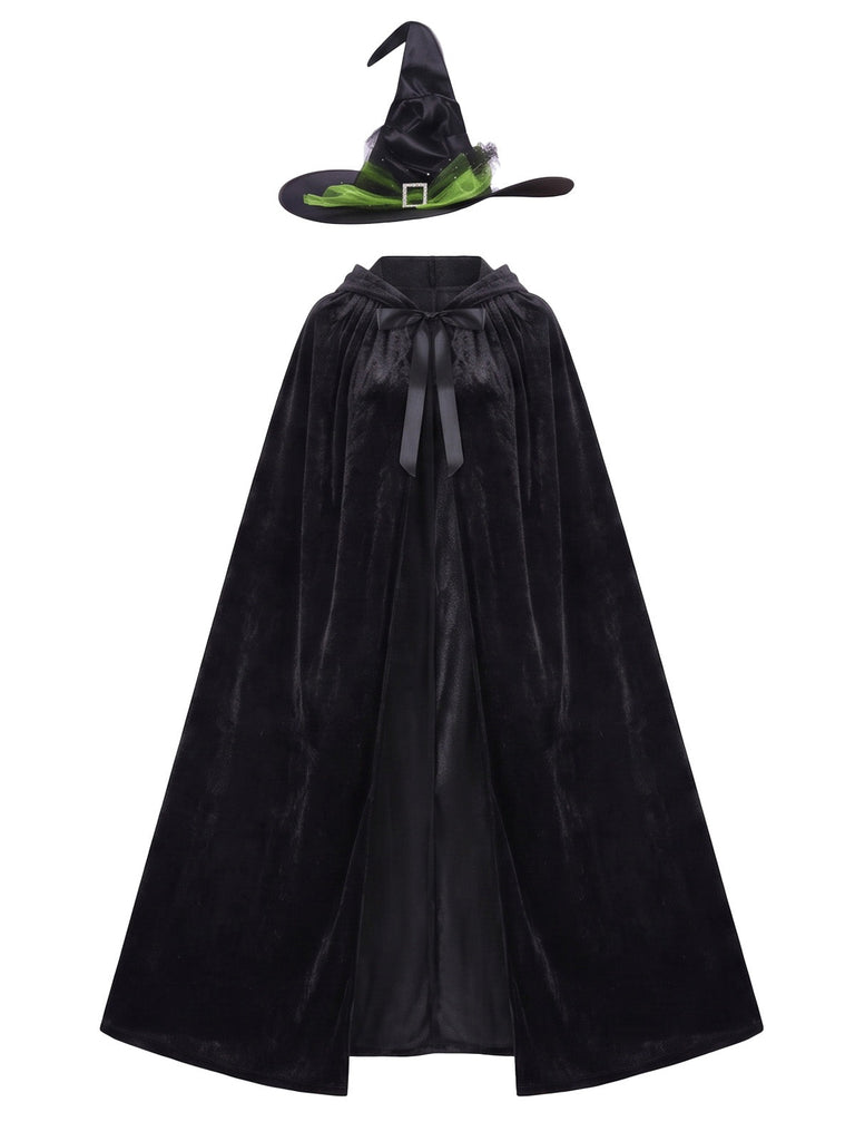 Schwarzes 80er Halloween Hexen-Cape mit Samt, Kapuze und Hut