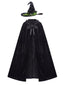 Schwarzes 80er Halloween Hexen-Cape mit Samt, Kapuze und Hut