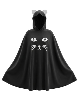 Schwarzes 80er Halloween Katzen-Cape mit Kapuze