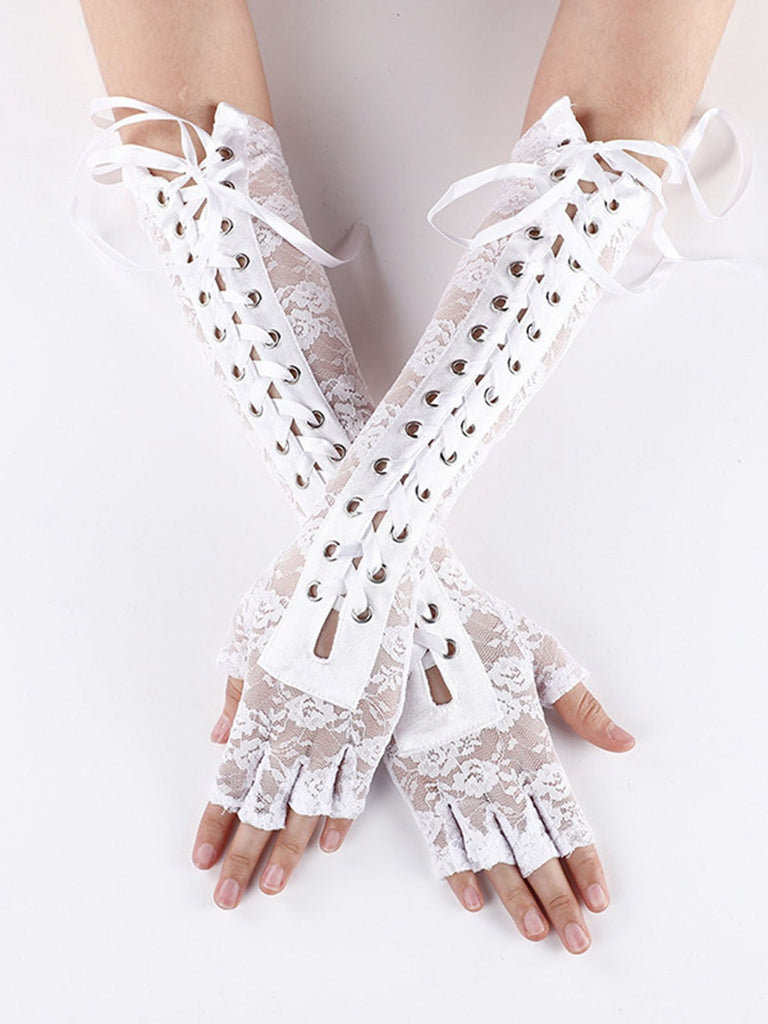 Schwarz Gothic Party Schnürung Hälfte Finger Handschuhe