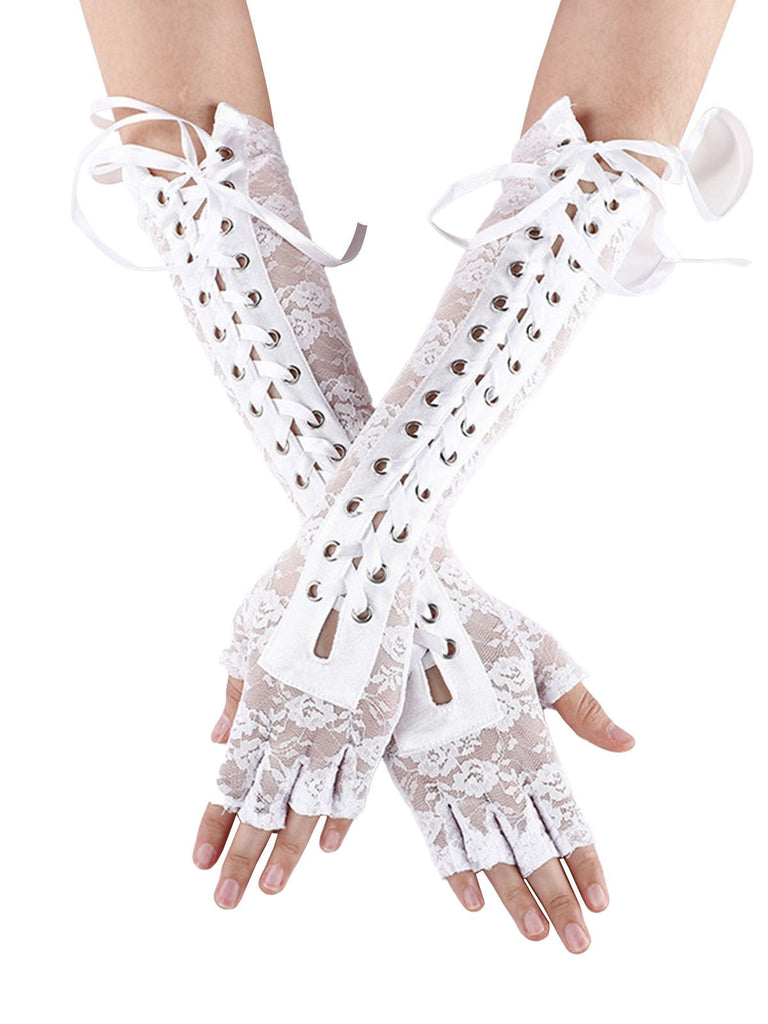 Schwarz Gothic Party Schnürung Hälfte Finger Handschuhe