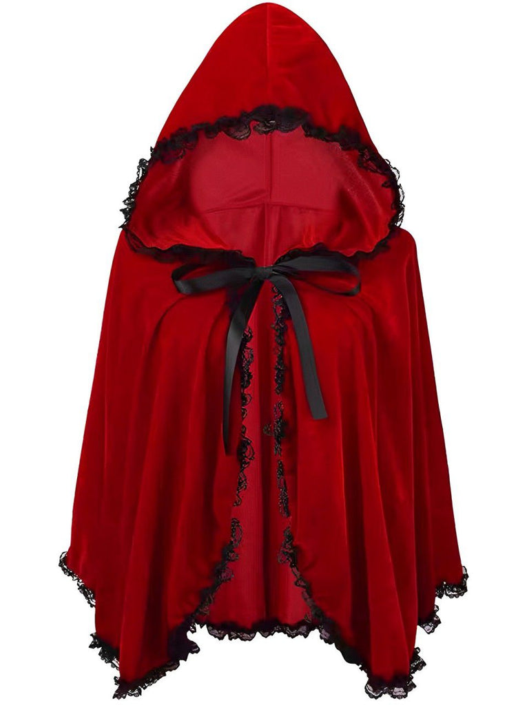 Roter 50er Halloween-Samtumhang im Rotkäppchen-Stil mit Spitzenbesatz