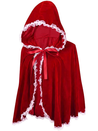 Rot-weißer 50er Halloween-Samtumhang im Rotkäppchen-Stil mit Spitzenbesatz