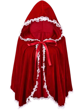 Rot-weißer 50er Halloween-Samtumhang im Rotkäppchen-Stil mit Spitzenbesatz